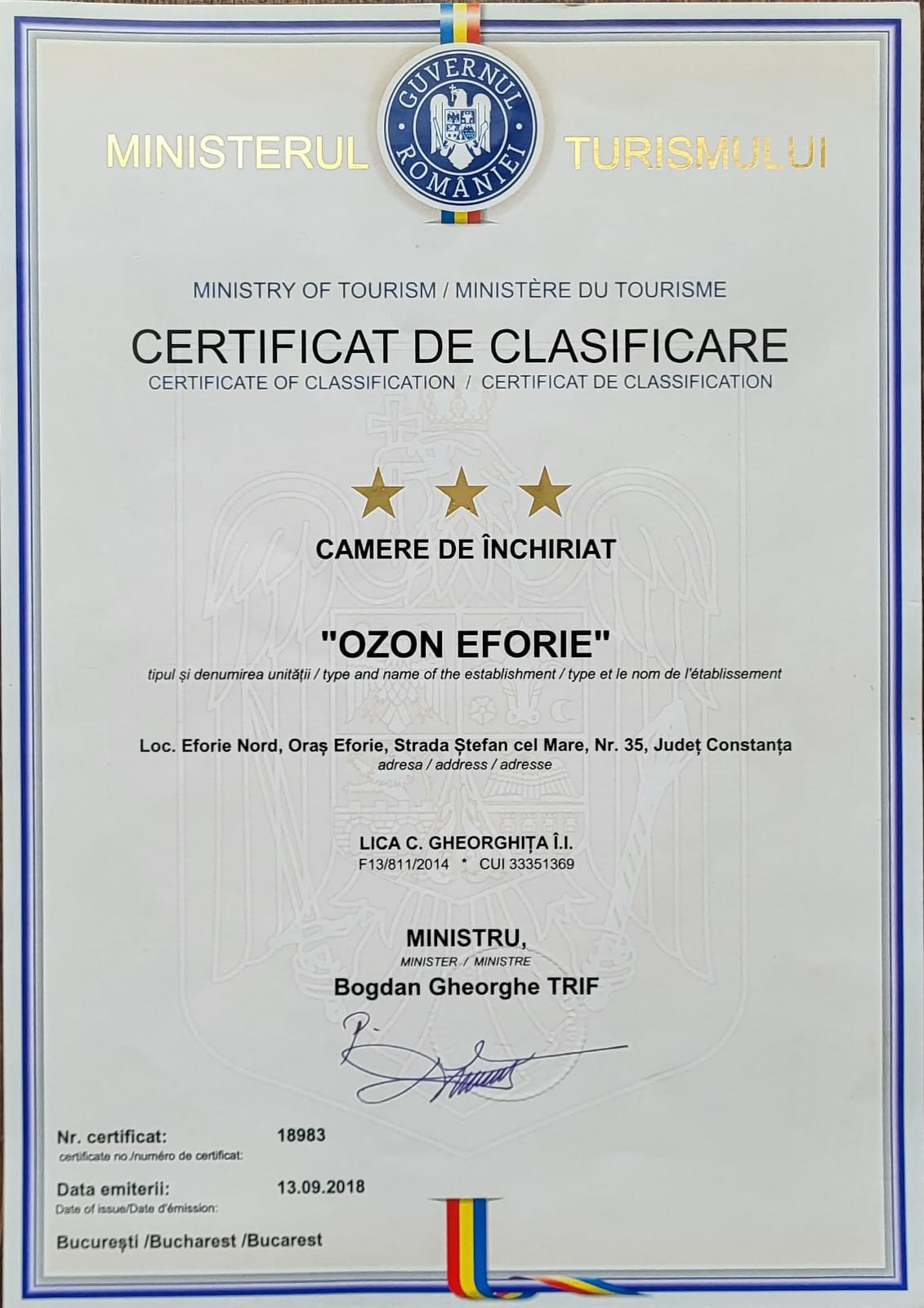 Certificat Clasificare Vila Ozon 3 Stele